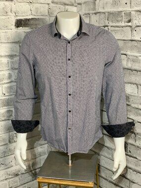 English Laundry Shirt Mens L Blue Micro Check Flip Cuff Casual Button Up Preppy